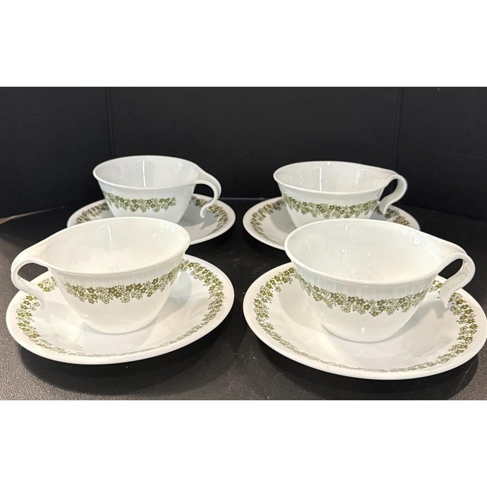 Corelle Crazy Daisy Spring‎ Blossom Green Hook Coffee Mug Saucer Set Of  4 USA